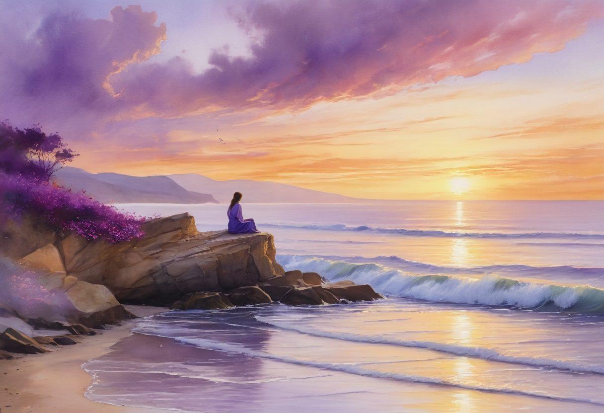 A serene landscape depicting a solitary figure sitting on a cliff, gazing out over a calm sea at sunset, with soft waves reflecting hues of purple and gold. Surrounding the figure are delicate, floating petals that symbolize sadness and beauty intertwined. The sky is painted with wispy clouds conveying tranquility while a gentle breeze stirs the scene. This evokes both sorrow and healing, inviting contemplation. watercolor painting. warm colors. soft focus.