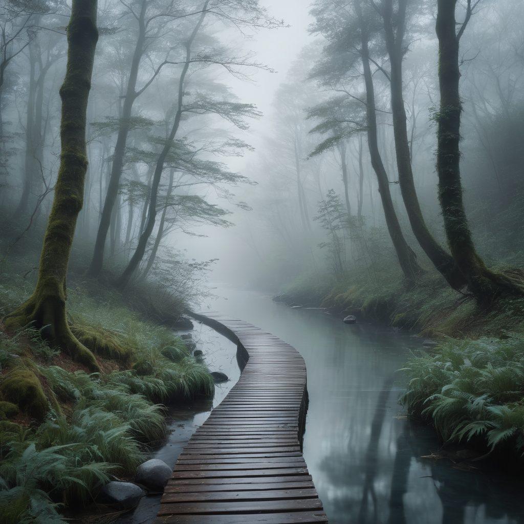 A serene yet somber landscape depicting a winding path through a foggy forest, with shadowy figures reflecting feelings of isolation and introspection along the way. In the foreground, a calm river flows, symbolizing the journey through unhappiness, with muted colors of blues and greys to evoke a sense of melancholy. The sky is overcast, adding to the reflective mood, inviting the viewer to contemplate the depths of emotion. surrealism. muted colors. soft focus.
