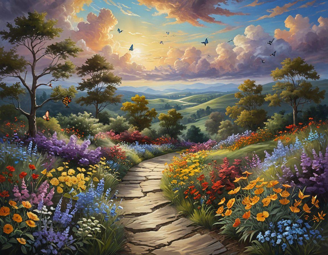 A serene landscape transitioning from dark, gloomy skies on one side to bright, sunny clouds on the other, symbolizing the journey from unhappiness to joy. A winding path filled with colorful flowers and butterflies leads through the scene, representing strategies for overcoming negativity. A soft focus on a figure walking towards the bright side, embodying hope and resilience. warm colors transitioning from cool to vibrant hues. painting, soft and uplifting.
